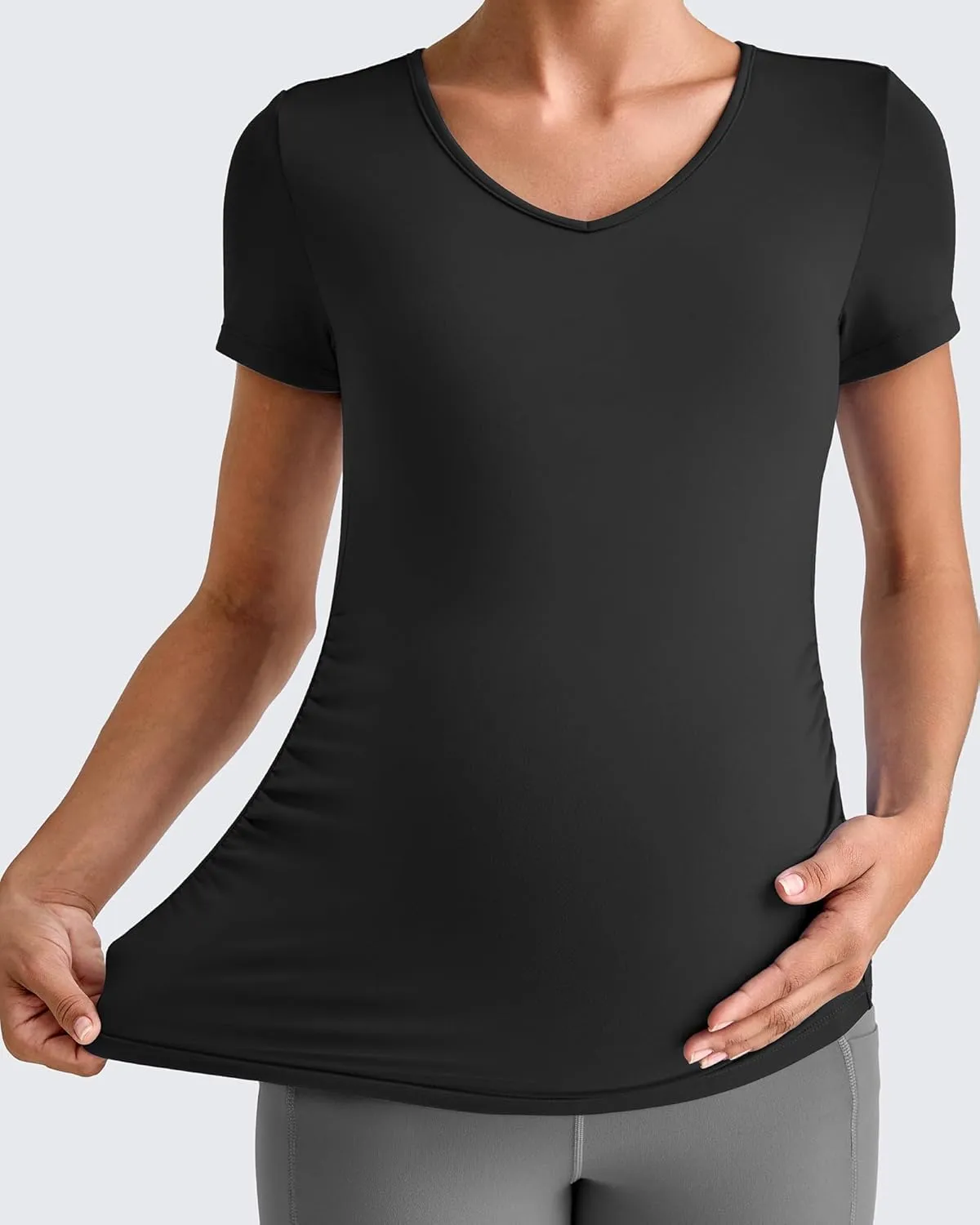 G4Free Lightweight Maternity Shirts Short Sleeve V Neck Pregnancy Workout Tops Side Ruched Stretchy Yoga Lounge Tees