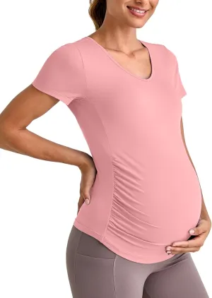 G4Free Lightweight Maternity Shirts Short Sleeve V Neck Pregnancy Workout Tops Side Ruched Stretchy Yoga Lounge Tees