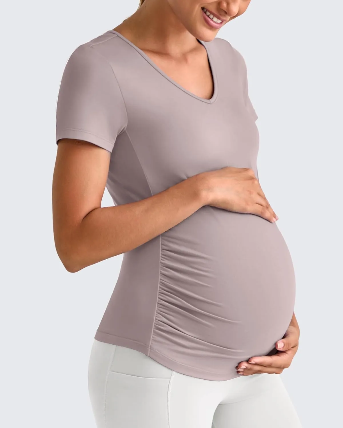 G4Free Lightweight Maternity Shirts Short Sleeve V Neck Pregnancy Workout Tops Side Ruched Stretchy Yoga Lounge Tees