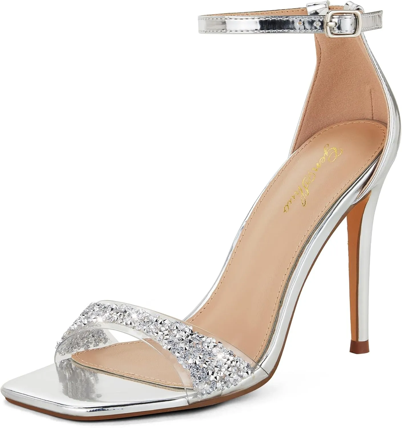GENSHUO High Heeled Sandals for Women One Strap Heels with Square Open Toe 4 Inch Stiletto Ankle Strap Shoes Elegant Sexy Dress Wedding Party