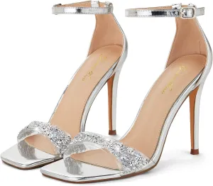 GENSHUO High Heeled Sandals for Women One Strap Heels with Square Open Toe 4 Inch Stiletto Ankle Strap Shoes Elegant Sexy Dress Wedding Party