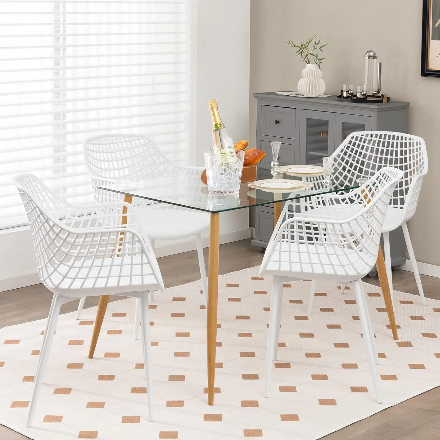 Giantex Modern Dining Chairs Set of 4 - White Arm Chair with 15" High Backrest, Powder-Coated Metal Legs, Anti-Slip Foot Pads, Max Load 265 lbs, Kitchen Dining Room