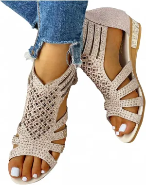 Gibobby Womens Espadrilles Sandals Flats,Women's Platform Sandals Espadrille Wedge Summer Ankle Strap Studded Open Toe Sandal