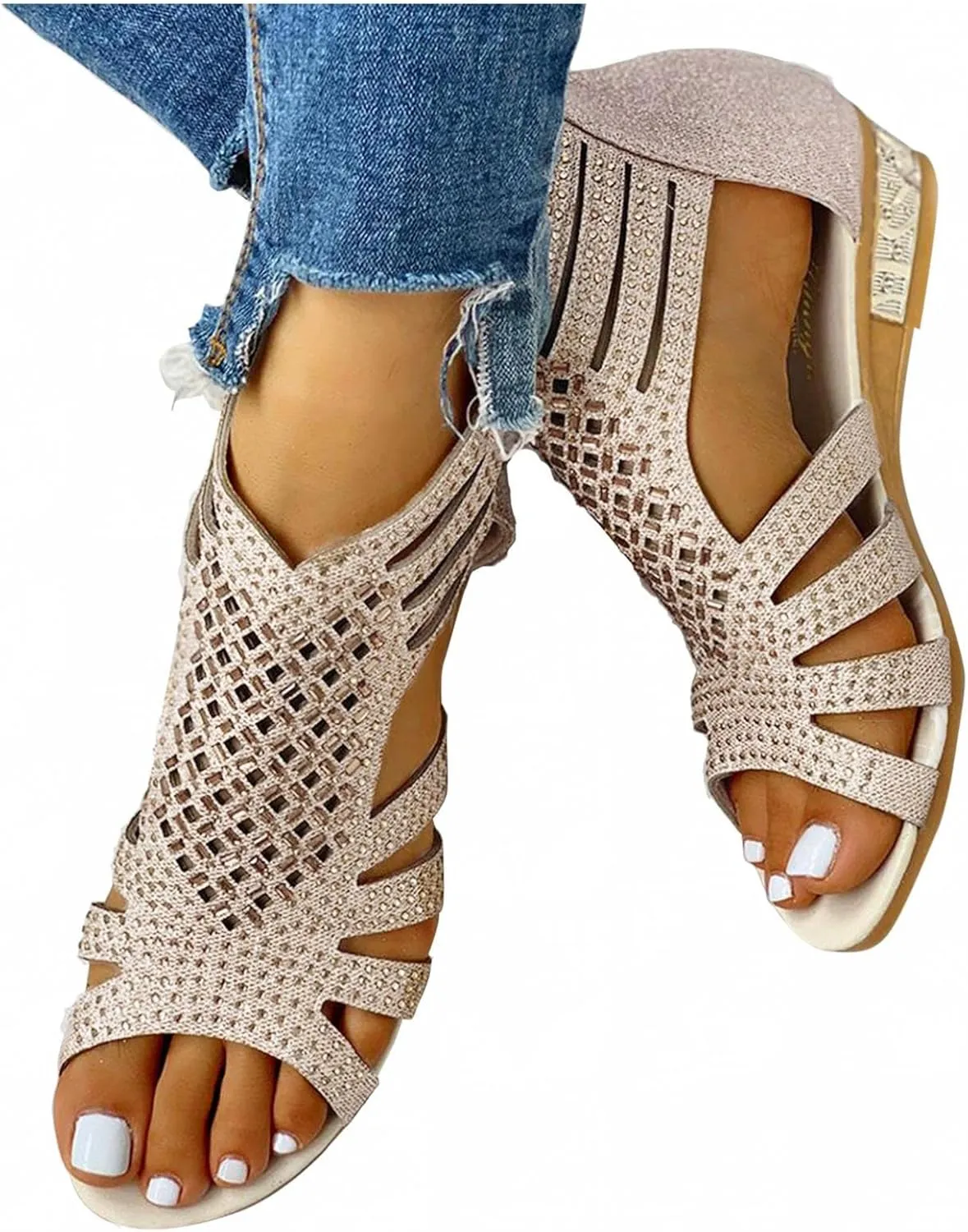 Gibobby Womens Espadrilles Sandals Flats,Women's Platform Sandals Espadrille Wedge Summer Ankle Strap Studded Open Toe Sandal
