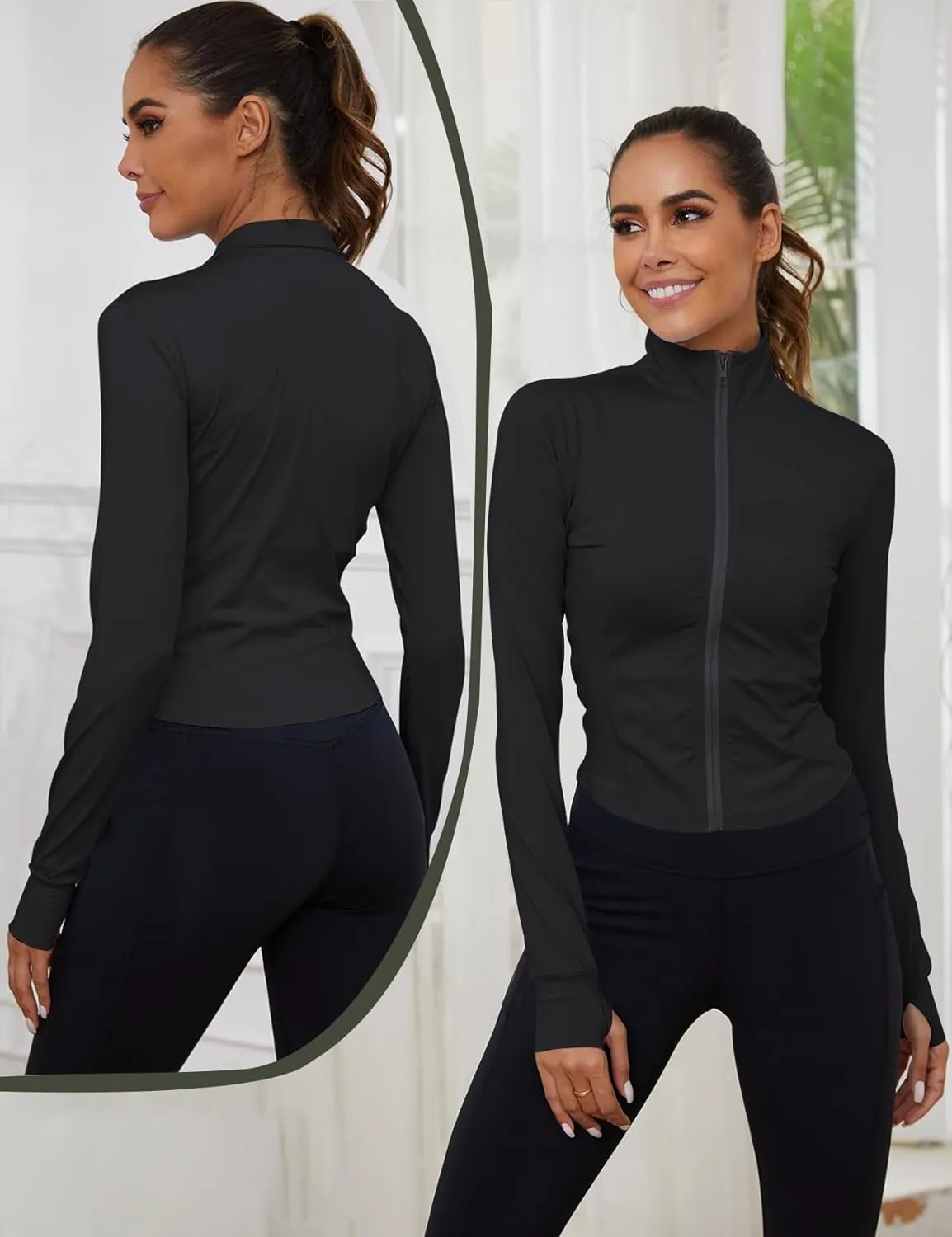 Gihuo Women's 2 Pack Athletic Yoga Jacket Cropped Full Zip Jackets Long Sleeve Lightweight Workout Tops with Thumb Holes
