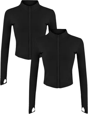 Gihuo Women's 2 Pack Athletic Yoga Jacket Cropped Full Zip Jackets Long Sleeve Lightweight Workout Tops with Thumb Holes