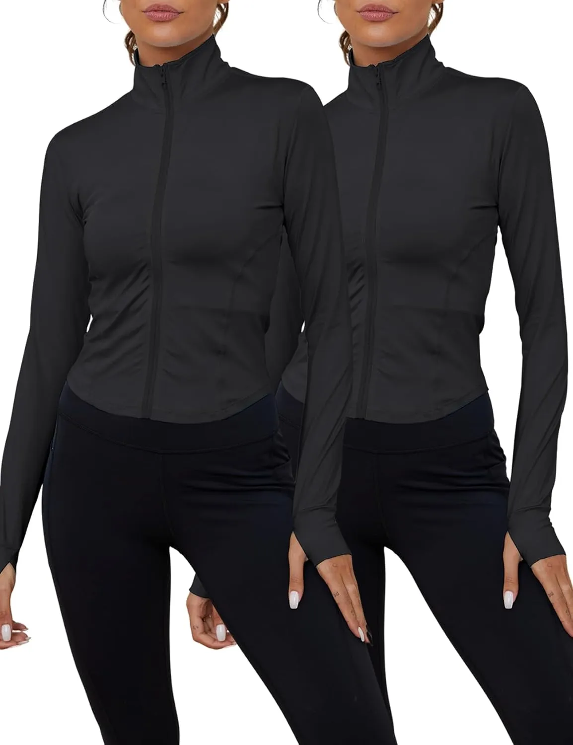 Gihuo Women's 2 Pack Athletic Yoga Jacket Cropped Full Zip Jackets Long Sleeve Lightweight Workout Tops with Thumb Holes