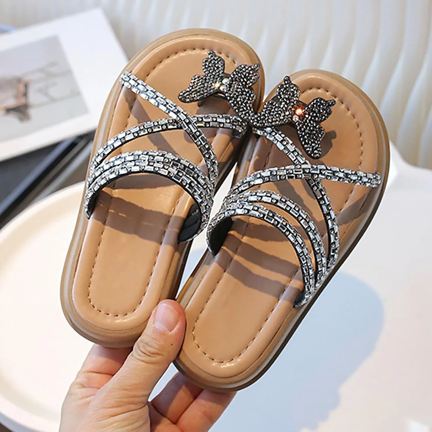 Girls Butterfly Sandals Glitter Sequin Rhinestone Flat Open Toe Outdoor Slipper Kids Soft Summer Beach Casual Sliders