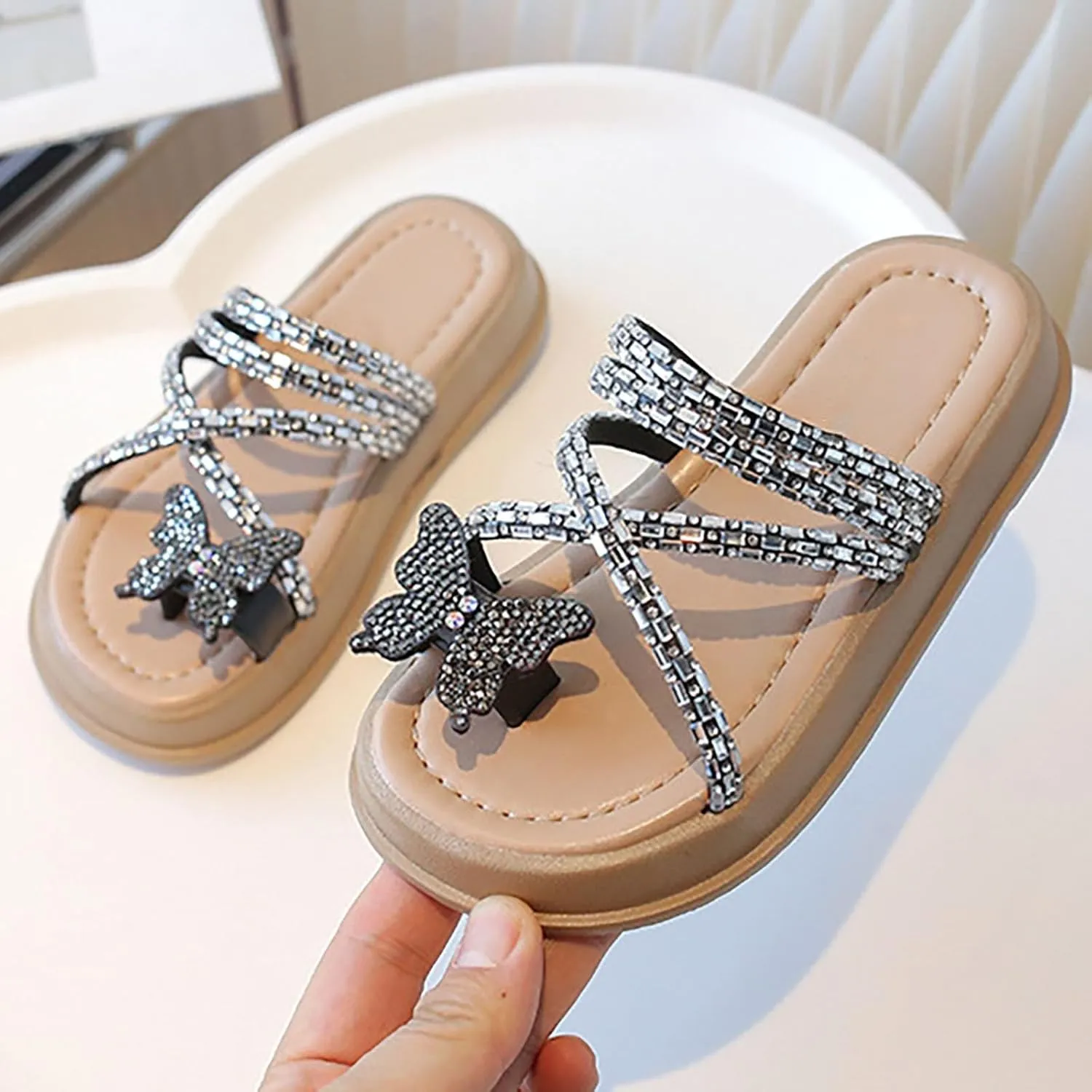 Girls Butterfly Sandals Glitter Sequin Rhinestone Flat Open Toe Outdoor Slipper Kids Soft Summer Beach Casual Sliders