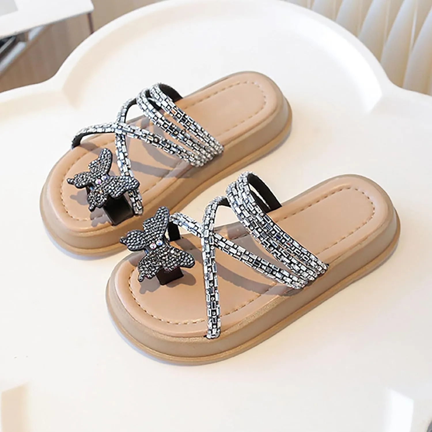 Girls Butterfly Sandals Glitter Sequin Rhinestone Flat Open Toe Outdoor Slipper Kids Soft Summer Beach Casual Sliders