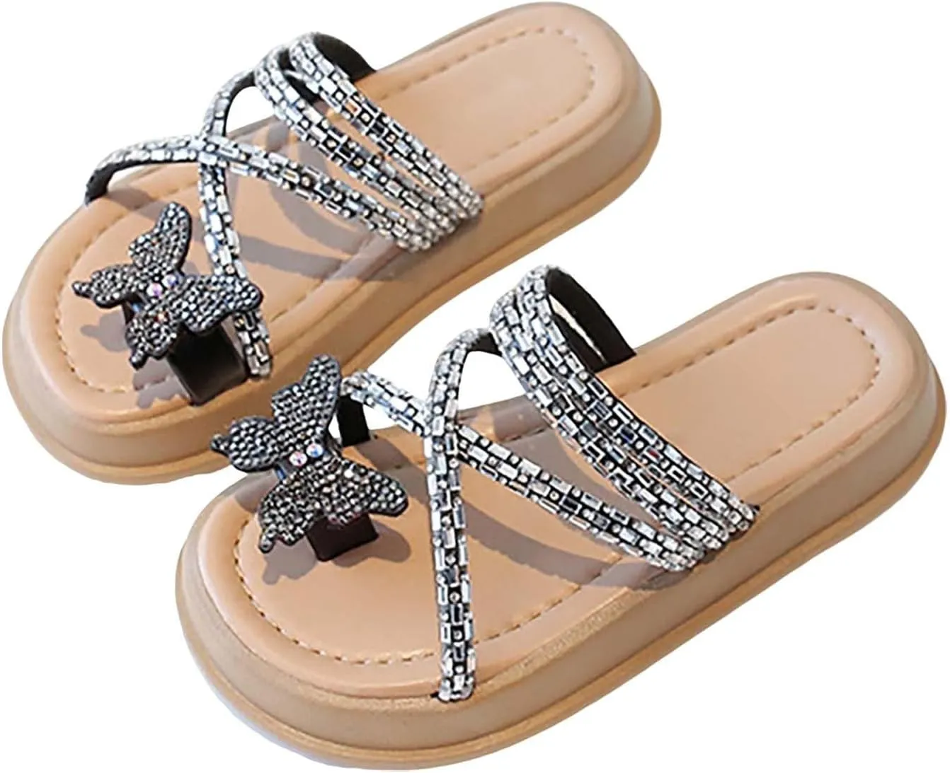 Girls Butterfly Sandals Glitter Sequin Rhinestone Flat Open Toe Outdoor Slipper Kids Soft Summer Beach Casual Sliders