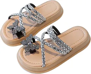 Girls Butterfly Sandals Glitter Sequin Rhinestone Flat Open Toe Outdoor Slipper Kids Soft Summer Beach Casual Sliders