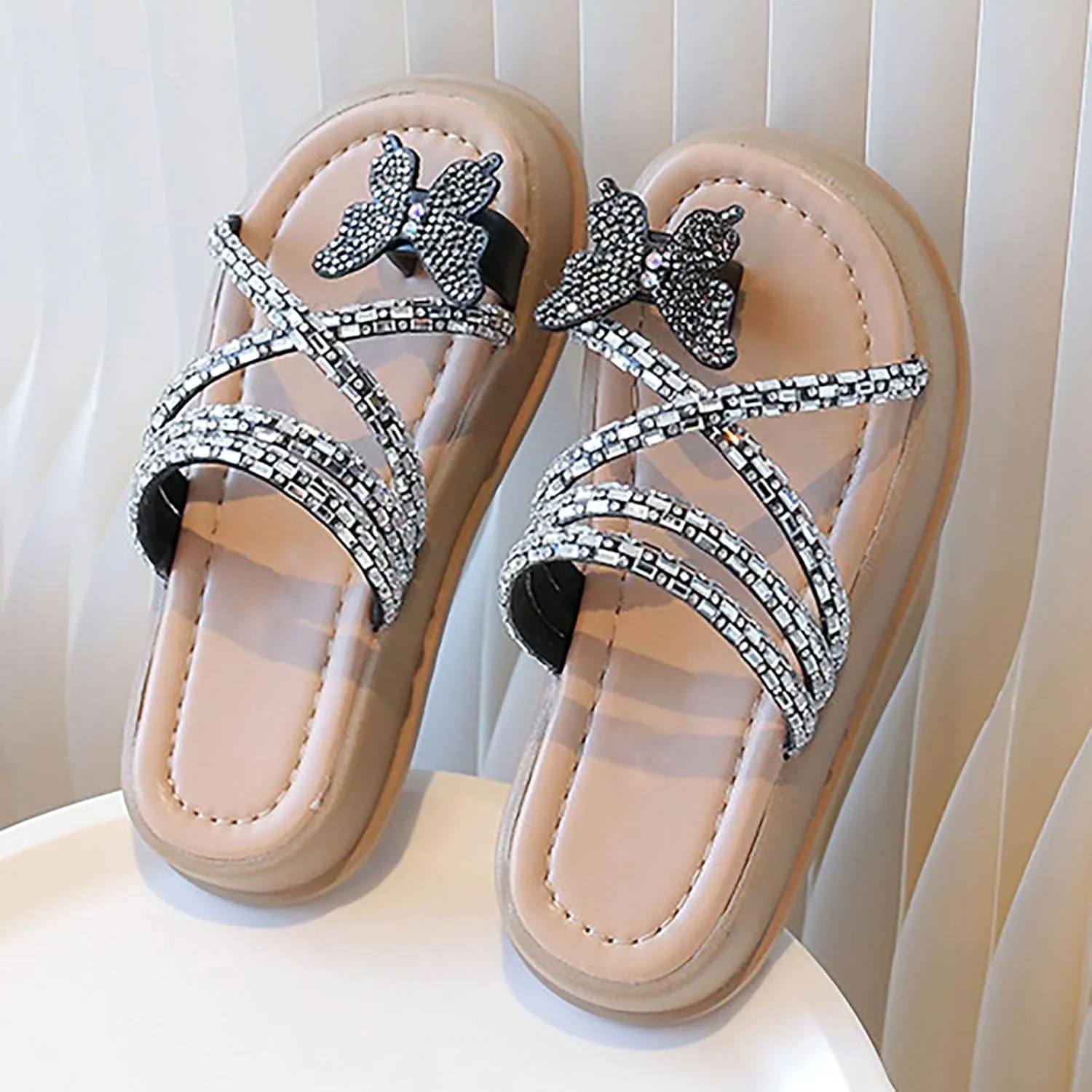 Girls Butterfly Sandals Glitter Sequin Rhinestone Flat Open Toe Outdoor Slipper Kids Soft Summer Beach Casual Sliders