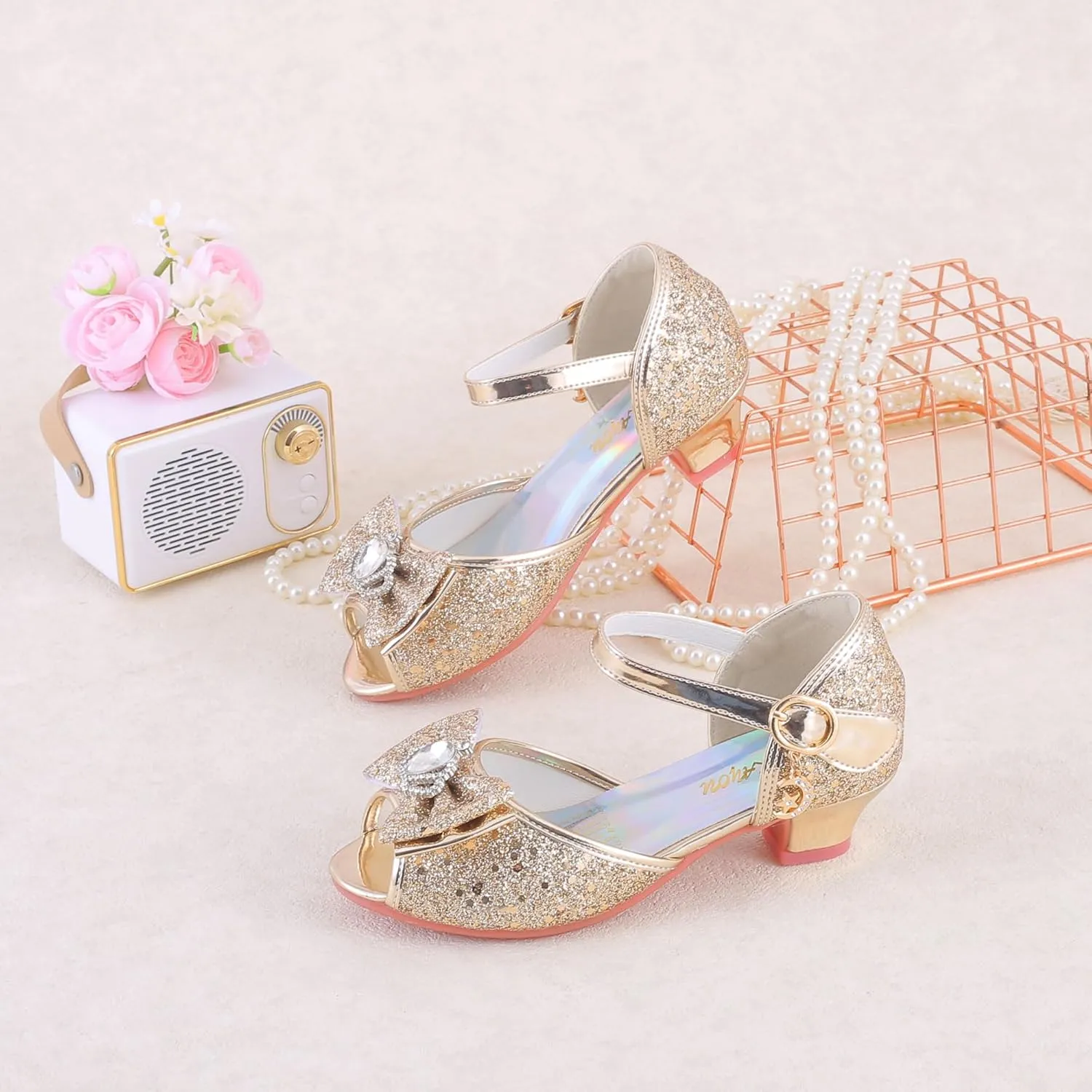 Girls Shoes Sparkle Mary Jane Low Heel Princess Flower Wedding Party Dress Shoes
