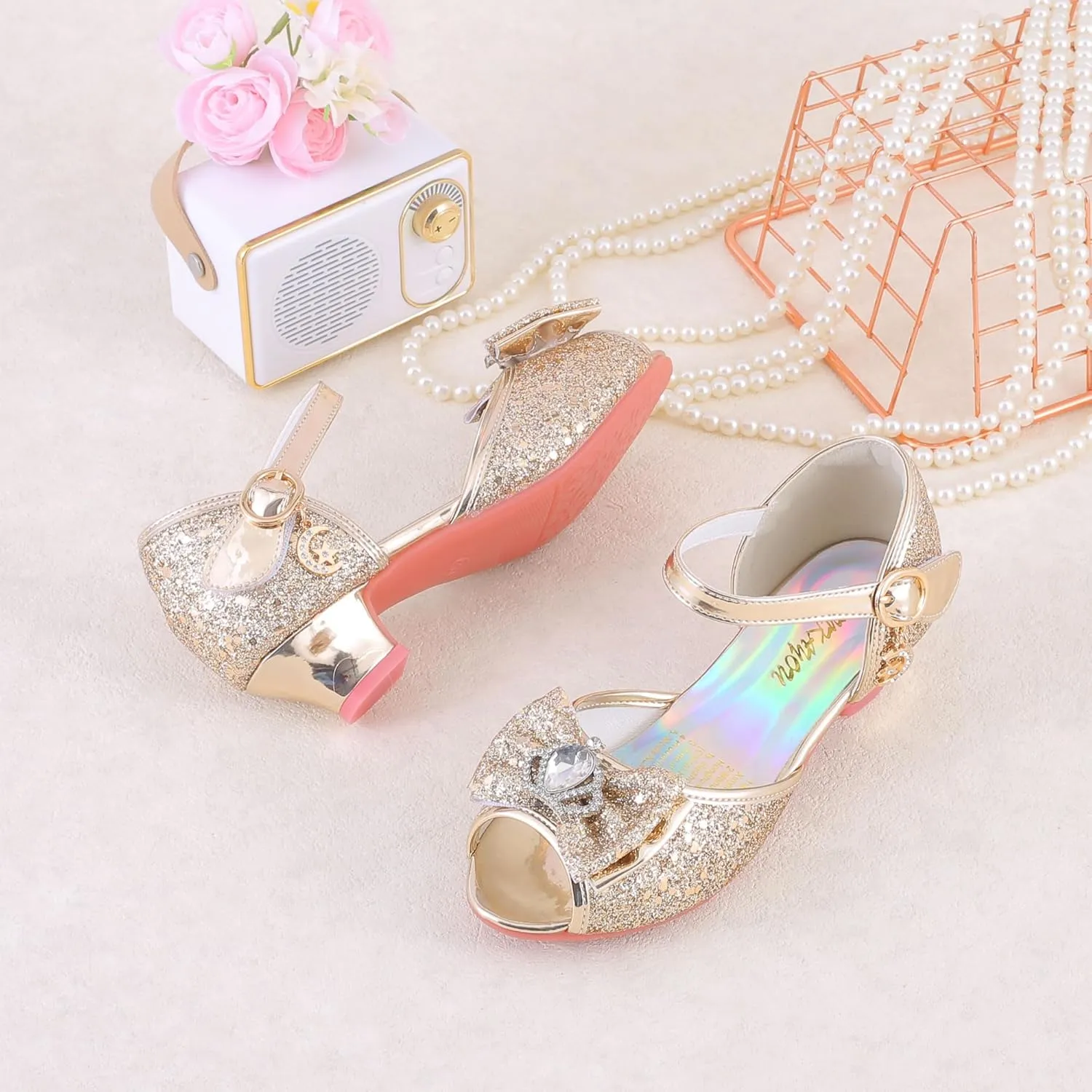 Girls Shoes Sparkle Mary Jane Low Heel Princess Flower Wedding Party Dress Shoes