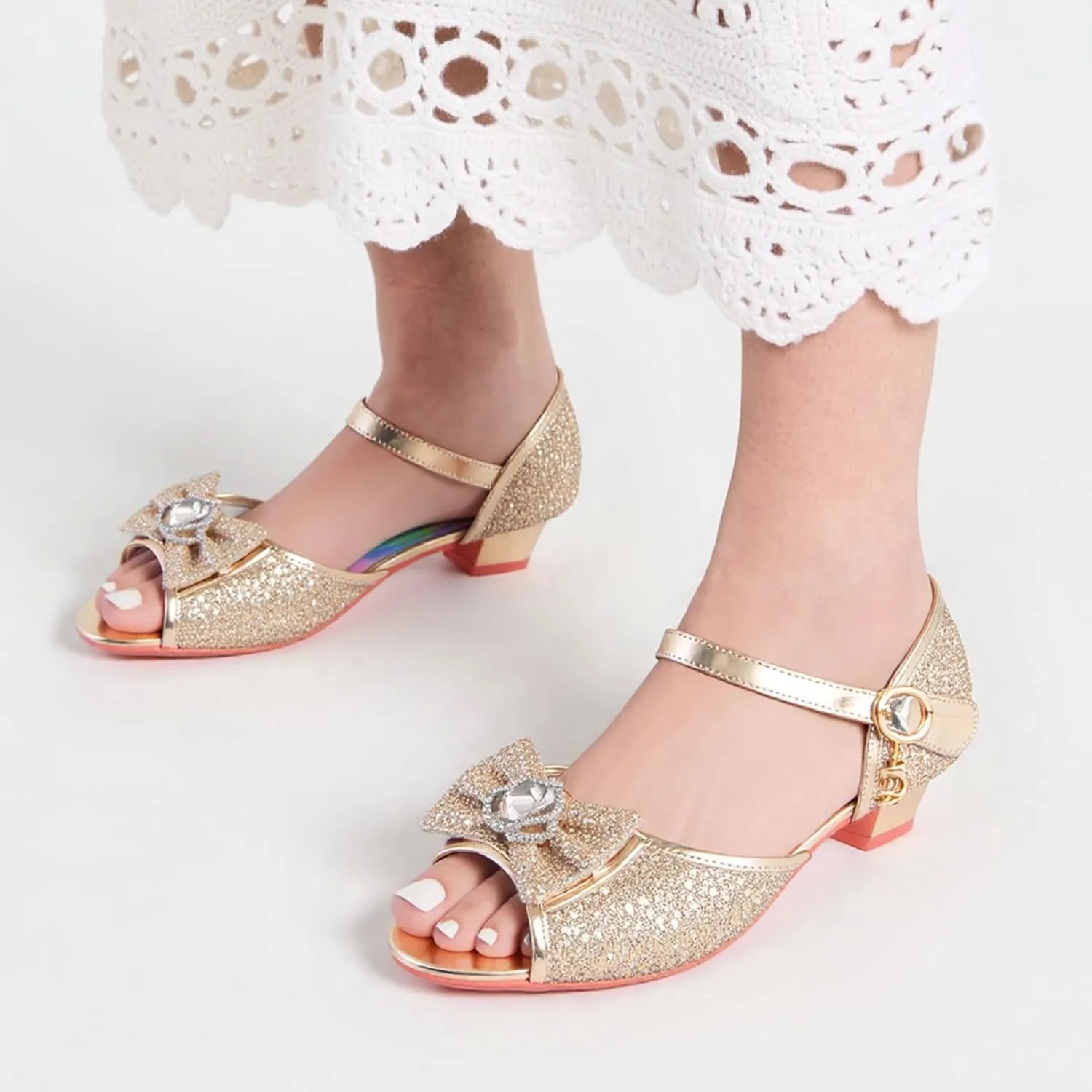 Girls Shoes Sparkle Mary Jane Low Heel Princess Flower Wedding Party Dress Shoes