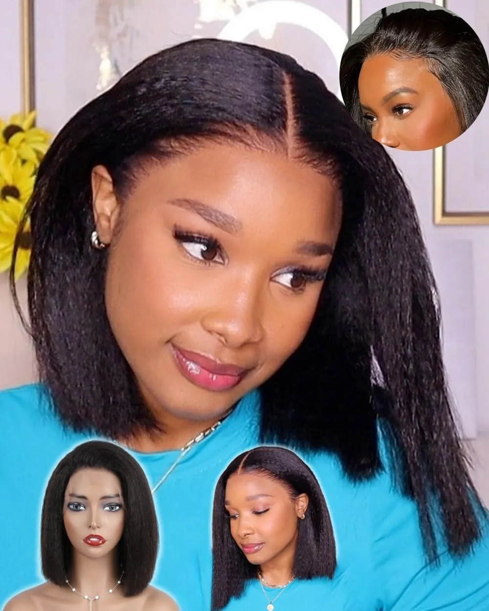 Glueless Wigs Human Hair Kinky Straight Wigs for Black Women 13x4 HD Lace Frontal Wigs 12 Inch Italian Yaki Straight Bob Lace Front Wigs with Baby Hair Pre Plucked 150% Density Free Parting