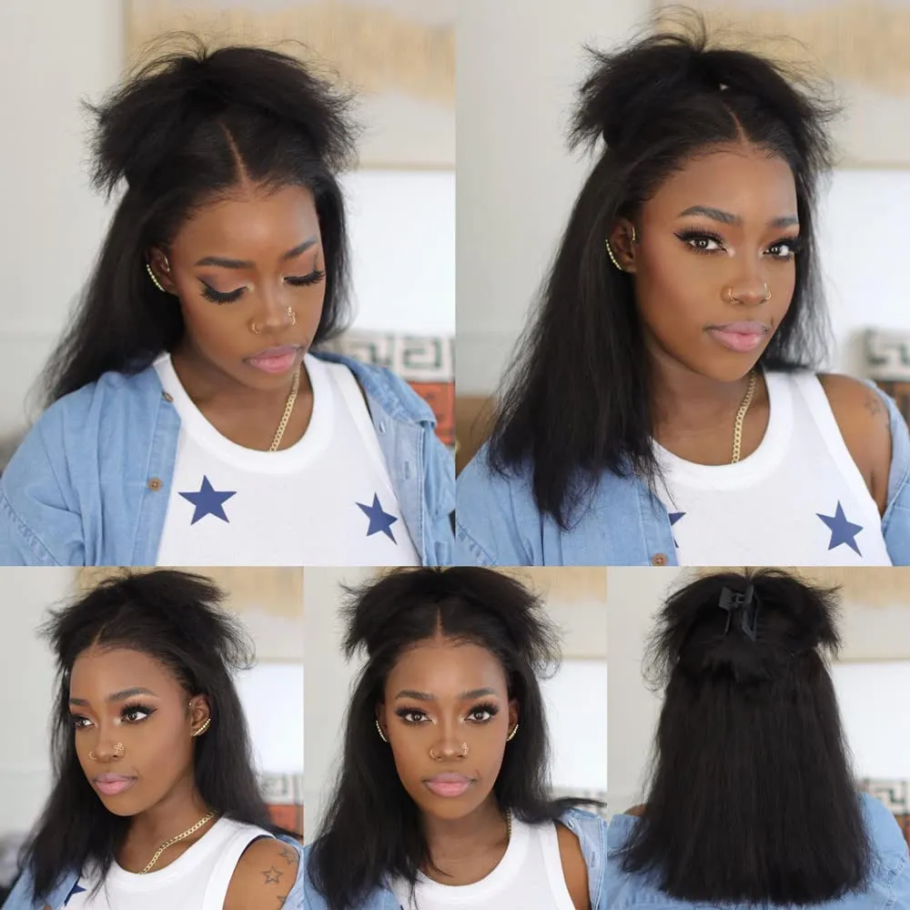 Glueless Wigs Human Hair Kinky Straight Wigs for Black Women 13x4 HD Lace Frontal Wigs 12 Inch Italian Yaki Straight Bob Lace Front Wigs with Baby Hair Pre Plucked 150% Density Free Parting