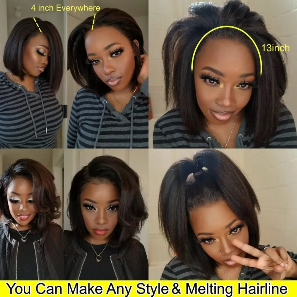 Glueless Wigs Human Hair Kinky Straight Wigs for Black Women 13x4 HD Lace Frontal Wigs 12 Inch Italian Yaki Straight Bob Lace Front Wigs with Baby Hair Pre Plucked 150% Density Free Parting