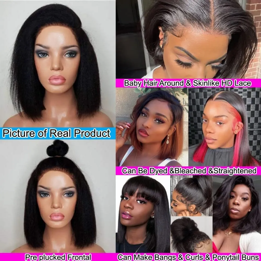 Glueless Wigs Human Hair Kinky Straight Wigs for Black Women 13x4 HD Lace Frontal Wigs 12 Inch Italian Yaki Straight Bob Lace Front Wigs with Baby Hair Pre Plucked 150% Density Free Parting