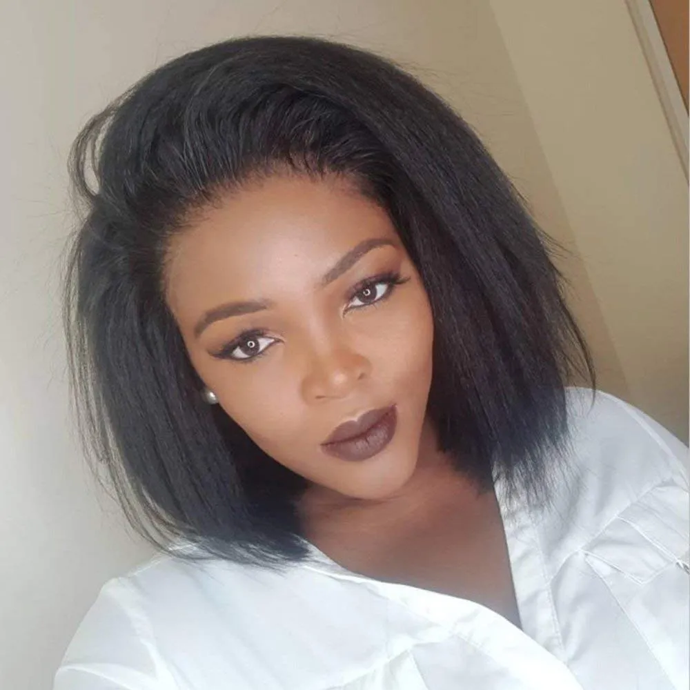 Glueless Wigs Human Hair Kinky Straight Wigs for Black Women 13x4 HD Lace Frontal Wigs 12 Inch Italian Yaki Straight Bob Lace Front Wigs with Baby Hair Pre Plucked 150% Density Free Parting