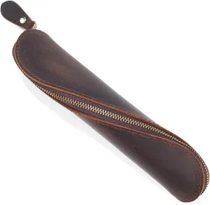 GORGECRAFT Real Leather Pen Pouch Genuine Leather Pencil Case Handcrafted Crazy Horse Leather Pocket Bag Zippered Holder for Tools Office Reading Glasses Case Stationery Storage, Coconut Brown