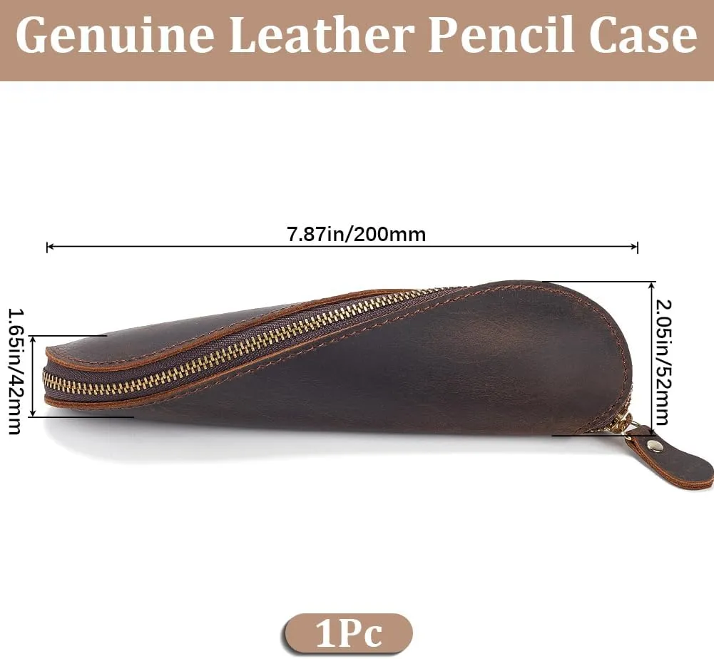 GORGECRAFT Real Leather Pen Pouch Genuine Leather Pencil Case Handcrafted Crazy Horse Leather Pocket Bag Zippered Holder for Tools Office Reading Glasses Case Stationery Storage, Coconut Brown