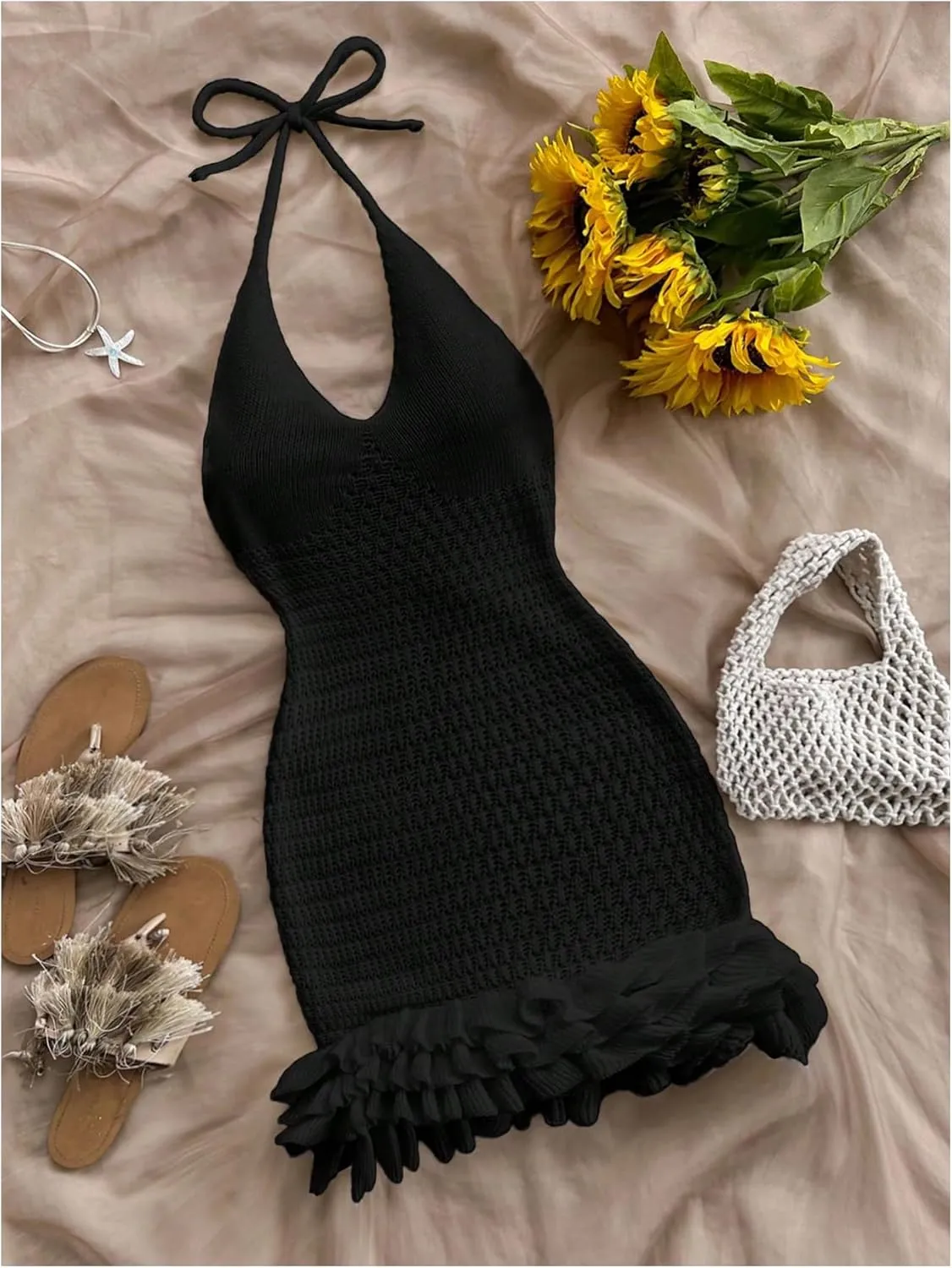 GORGLITTER Women's Crochet Halter Bodycon Mini Dress Bow Open Back Sleeveless Bubble Summer Knit Dress Elegant Classy