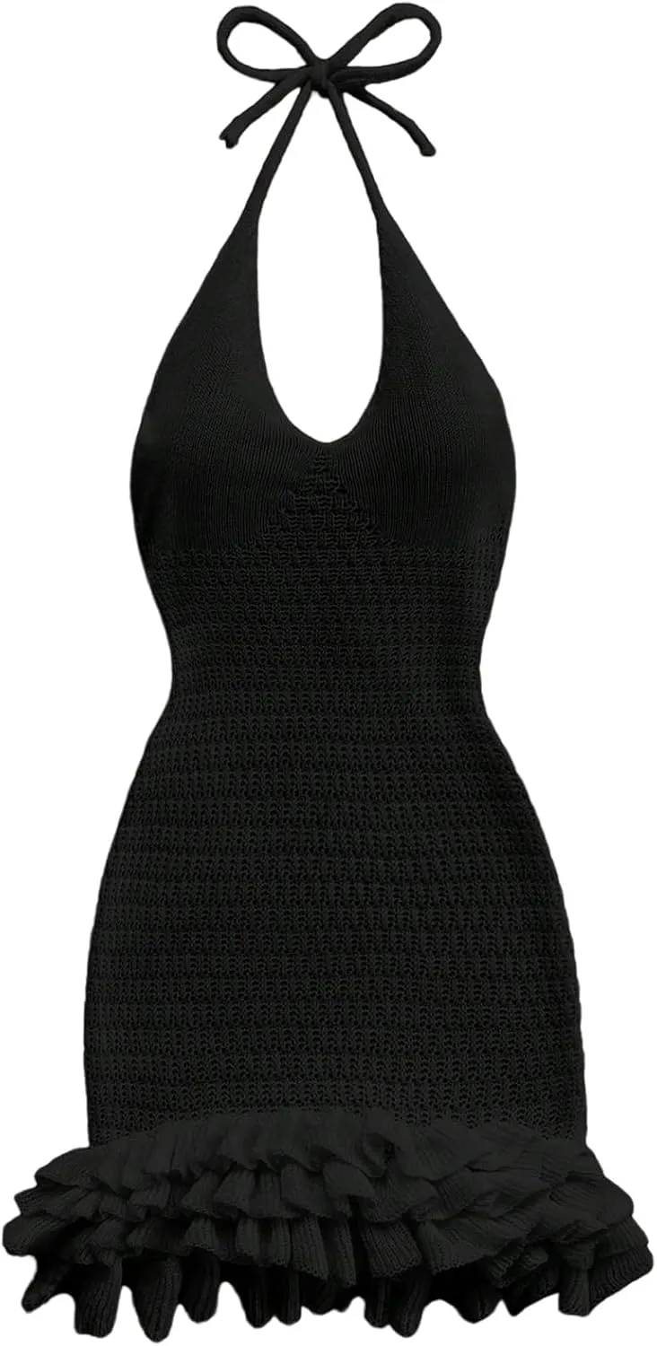 GORGLITTER Women's Crochet Halter Bodycon Mini Dress Bow Open Back Sleeveless Bubble Summer Knit Dress Elegant Classy