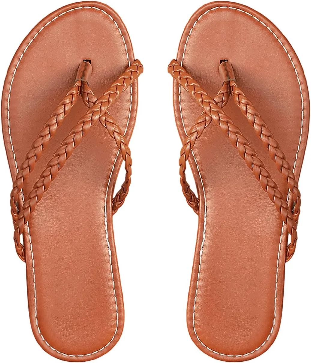 GORGLITTER Women's Leather Flip Flops Braided Sandals Summer Beach Vacation Open Toe Thong Slip on Slides