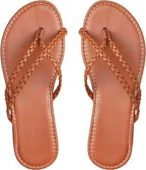 GORGLITTER Women's Leather Flip Flops Braided Sandals Summer Beach Vacation Open Toe Thong Slip on Slides