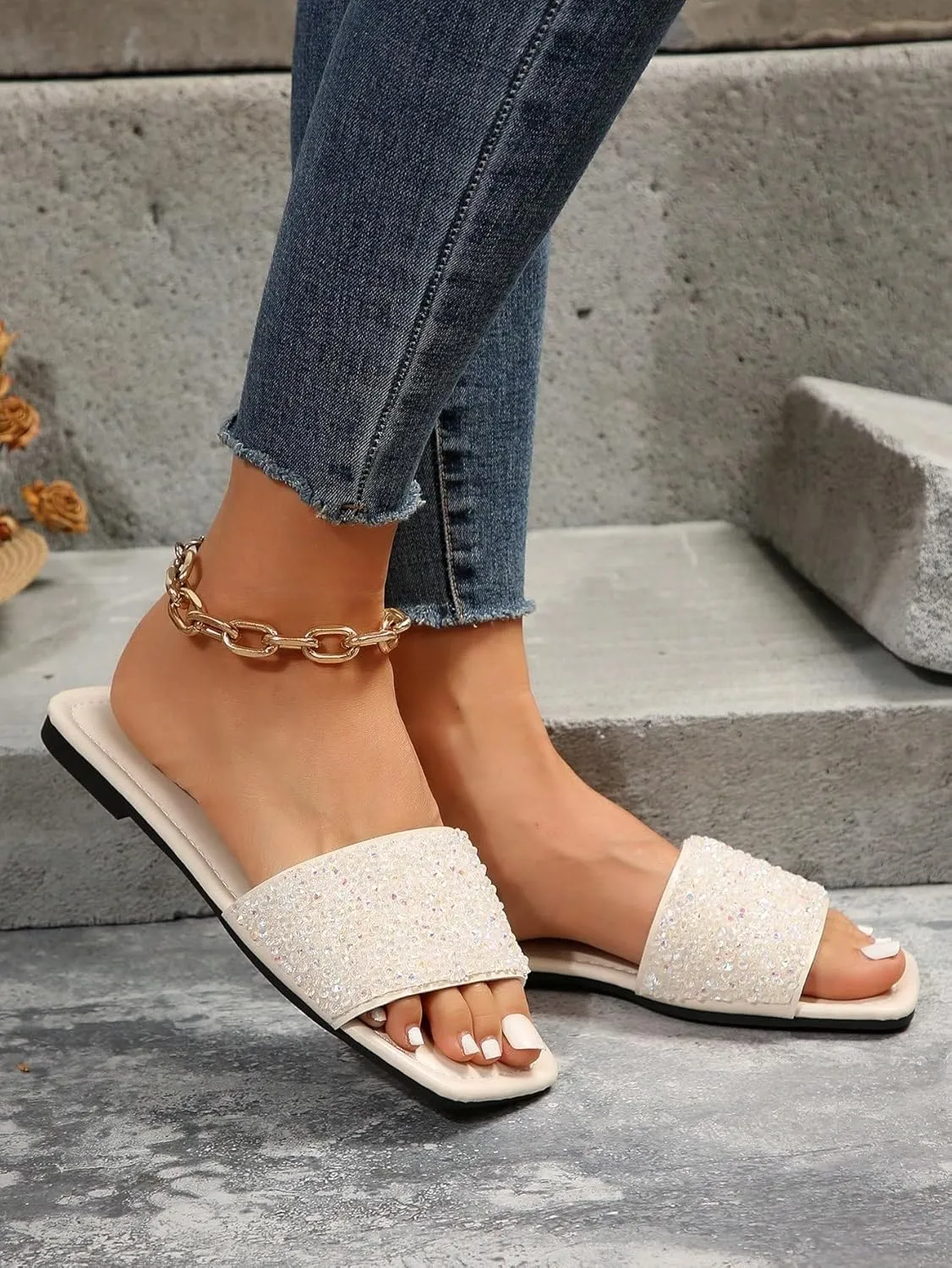 GORGLITTER Women's Sparkly Jeweled Flat Sandals Dressy Open Toe Glitter Shiny Slippers Slip-on Shoes