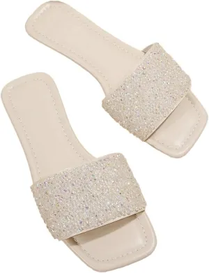 GORGLITTER Women's Sparkly Jeweled Flat Sandals Dressy Open Toe Glitter Shiny Slippers Slip-on Shoes