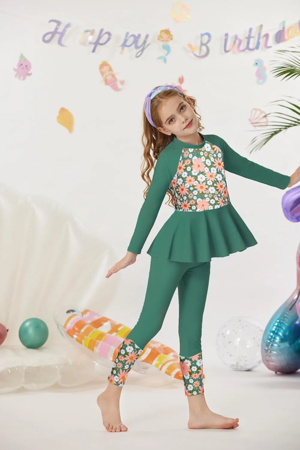 GRACE KARIN Girls Long Sleeve Swimsuit Mermaid Bathing Suit Rash Guard Swimwear 4 Piece Size 5-12
