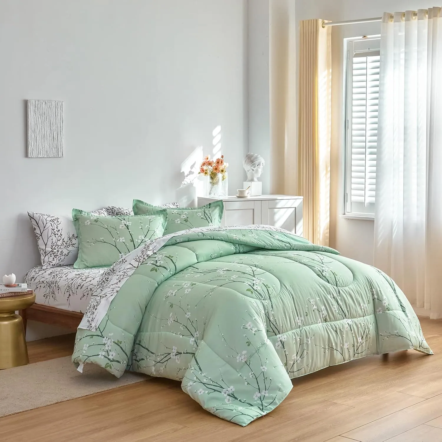 Green Comforter Sheet Set Bed in a Bag 7 Pieces Cal King Size Tree Branch Bloom Flower Bedding Set (1 California King Comforter 2 Pillow Shams 1 White Flat Sheet 1 Fitted Sheet 2 Pillowcases)