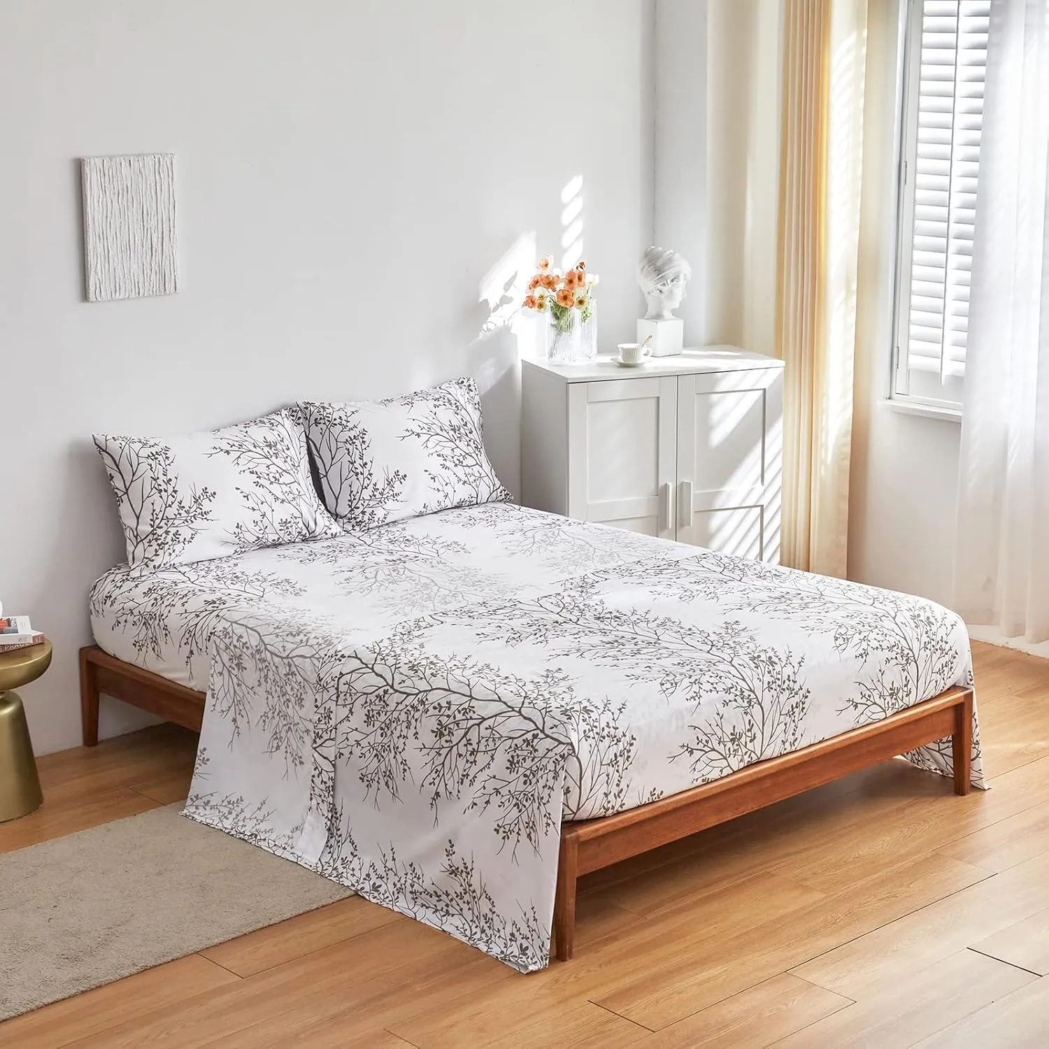 Green Comforter Sheet Set Bed in a Bag 7 Pieces Cal King Size Tree Branch Bloom Flower Bedding Set (1 California King Comforter 2 Pillow Shams 1 White Flat Sheet 1 Fitted Sheet 2 Pillowcases)