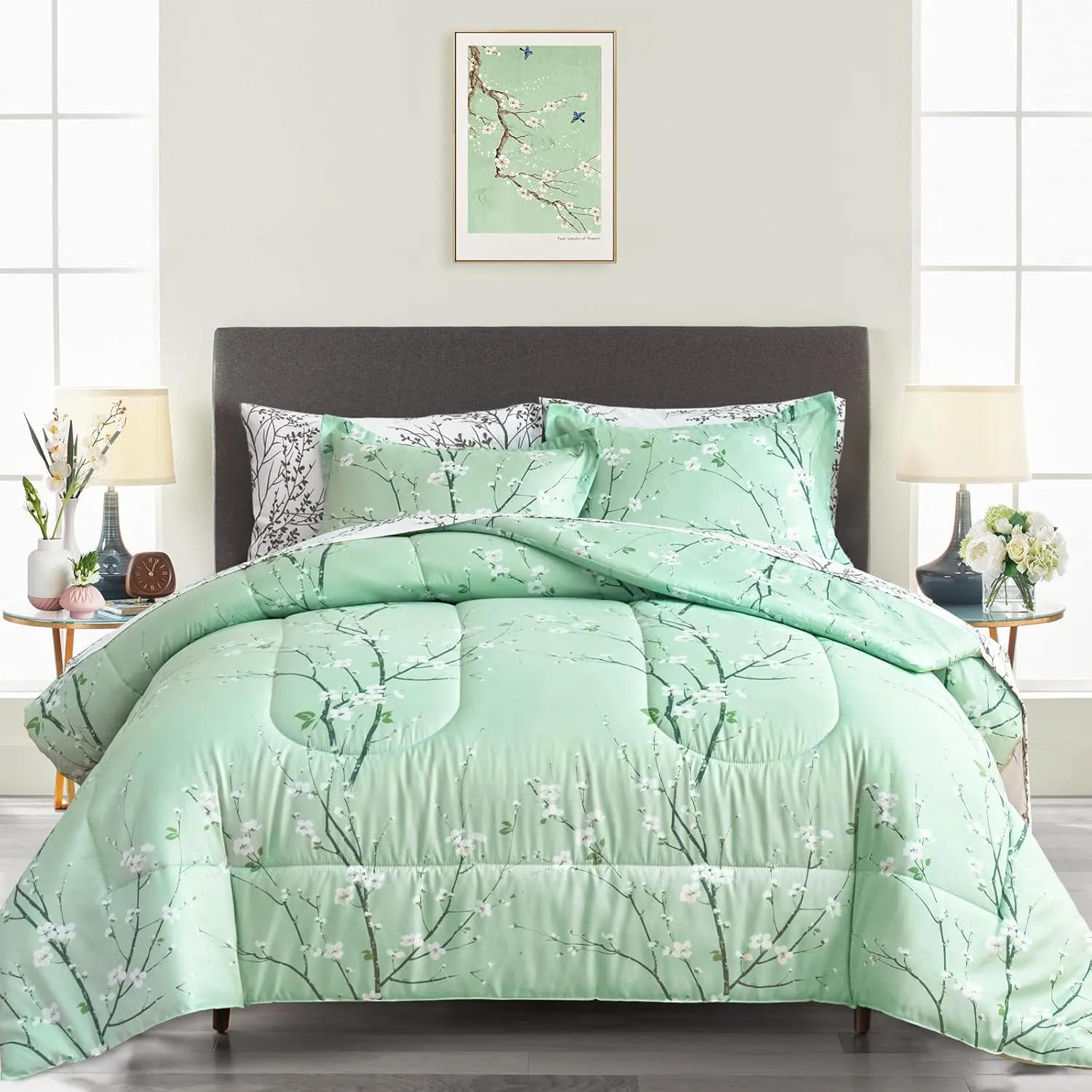 Green Comforter Sheet Set Bed in a Bag 7 Pieces Cal King Size Tree Branch Bloom Flower Bedding Set (1 California King Comforter 2 Pillow Shams 1 White Flat Sheet 1 Fitted Sheet 2 Pillowcases)