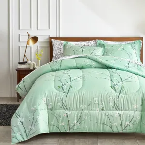 Green Comforter Sheet Set Bed in a Bag 7 Pieces Cal King Size Tree Branch Bloom Flower Bedding Set (1 California King Comforter 2 Pillow Shams 1 White Flat Sheet 1 Fitted Sheet 2 Pillowcases)