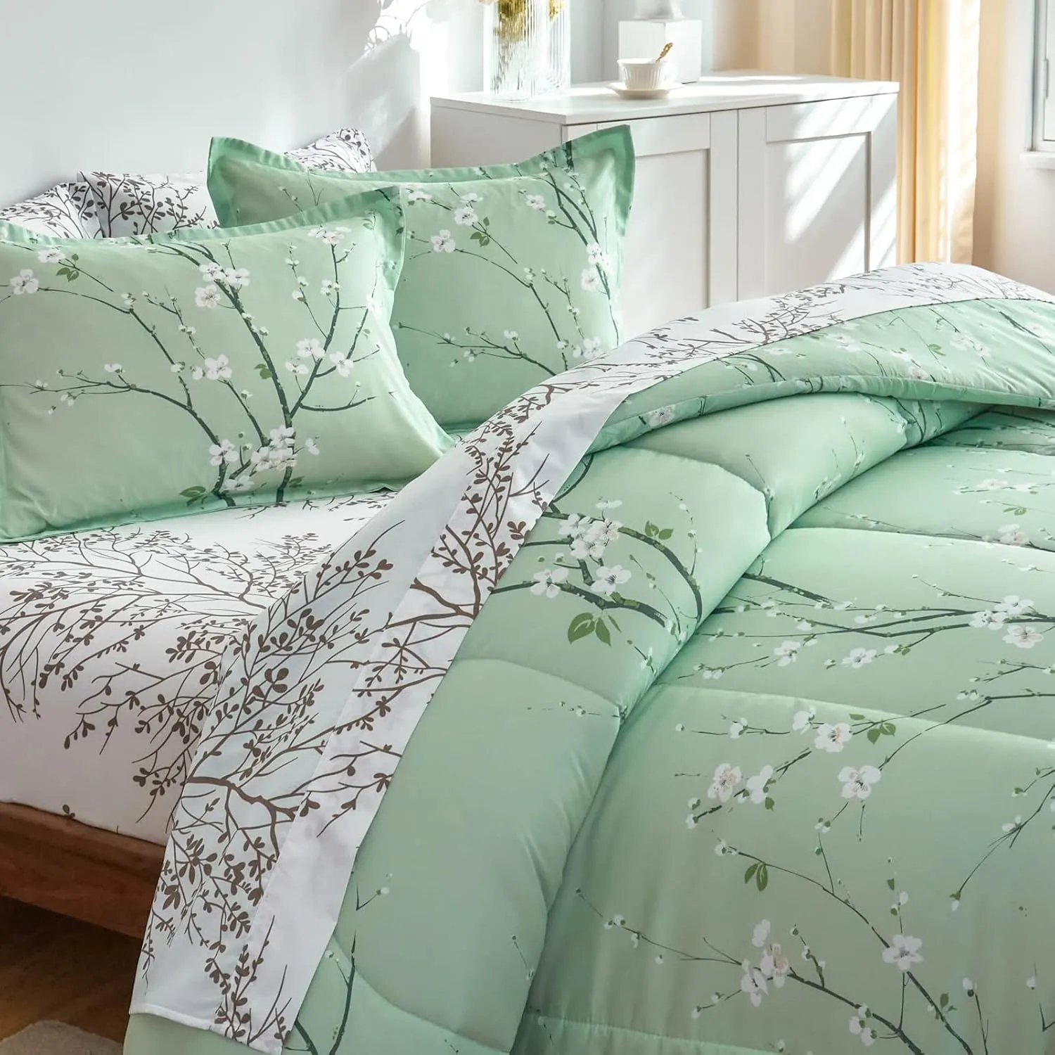 Green Comforter Sheet Set Bed in a Bag 7 Pieces Cal King Size Tree Branch Bloom Flower Bedding Set (1 California King Comforter 2 Pillow Shams 1 White Flat Sheet 1 Fitted Sheet 2 Pillowcases)
