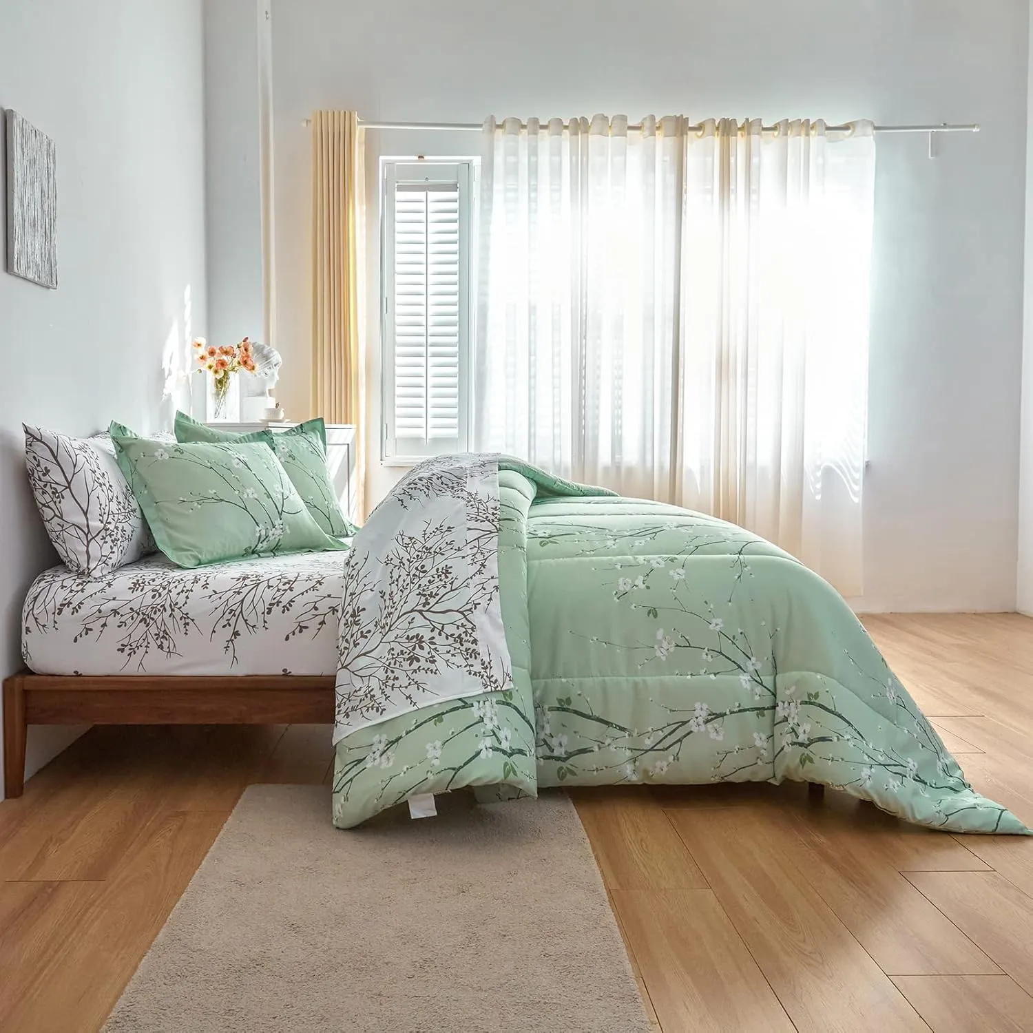 Green Comforter Sheet Set Bed in a Bag 7 Pieces Cal King Size Tree Branch Bloom Flower Bedding Set (1 California King Comforter 2 Pillow Shams 1 White Flat Sheet 1 Fitted Sheet 2 Pillowcases)