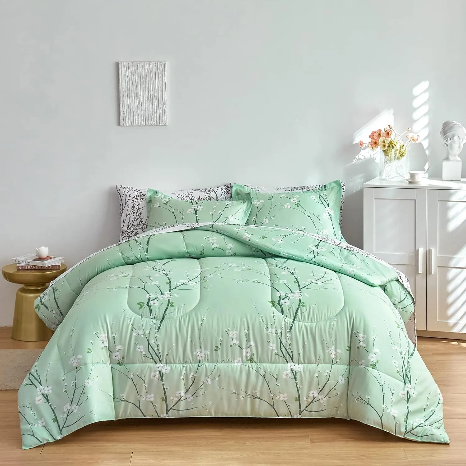 Green Comforter Sheet Set Bed in a Bag 7 Pieces Cal King Size Tree Branch Bloom Flower Bedding Set (1 California King Comforter 2 Pillow Shams 1 White Flat Sheet 1 Fitted Sheet 2 Pillowcases)