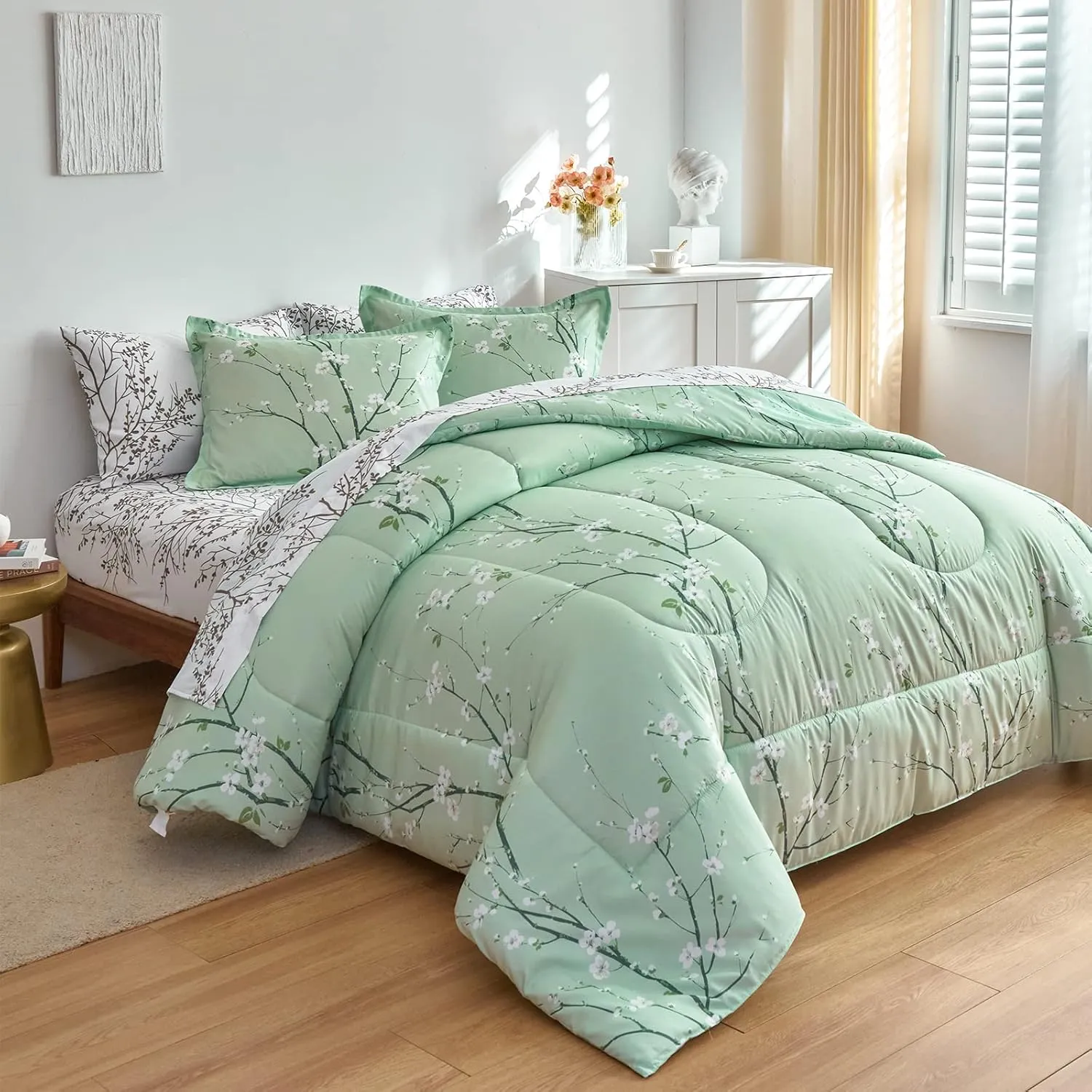 Green Comforter Sheet Set Bed in a Bag 7 Pieces Cal King Size Tree Branch Bloom Flower Bedding Set (1 California King Comforter 2 Pillow Shams 1 White Flat Sheet 1 Fitted Sheet 2 Pillowcases)