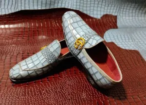Handmade Men Light Gray Crocodile Leather Office Loafer, Party Moccasins, Wedding Shoe