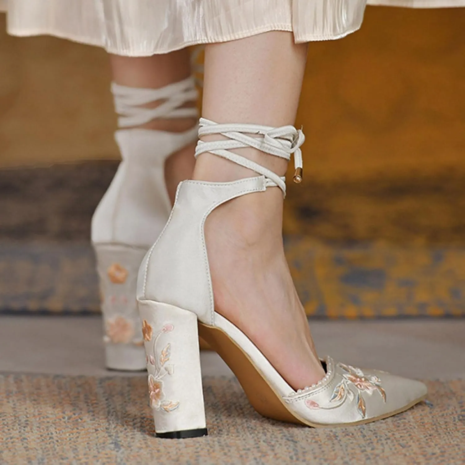 Hbeylia High Heels For Women Bride Wedding Day Satin Flower Embroidered Pearl Pointed Toe Lace Up Ballet Flats Chunky High Heeled Ankle Strap Dress Pump Shoes For Ladies Christmas Party Favor