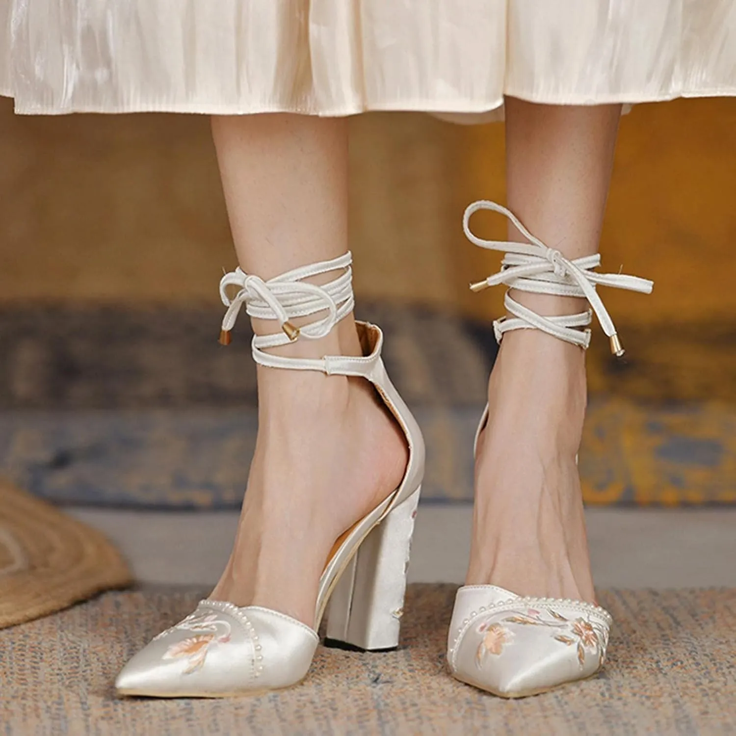 Hbeylia High Heels For Women Bride Wedding Day Satin Flower Embroidered Pearl Pointed Toe Lace Up Ballet Flats Chunky High Heeled Ankle Strap Dress Pump Shoes For Ladies Christmas Party Favor