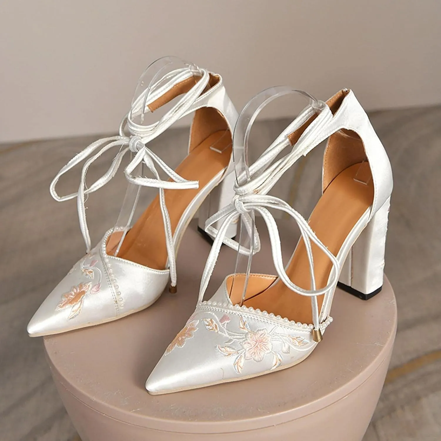 Hbeylia High Heels For Women Bride Wedding Day Satin Flower Embroidered Pearl Pointed Toe Lace Up Ballet Flats Chunky High Heeled Ankle Strap Dress Pump Shoes For Ladies Christmas Party Favor