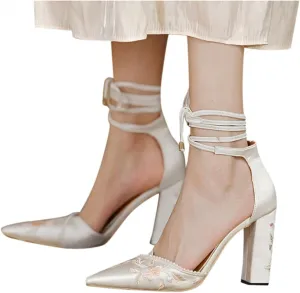 Hbeylia High Heels For Women Bride Wedding Day Satin Flower Embroidered Pearl Pointed Toe Lace Up Ballet Flats Chunky High Heeled Ankle Strap Dress Pump Shoes For Ladies Christmas Party Favor