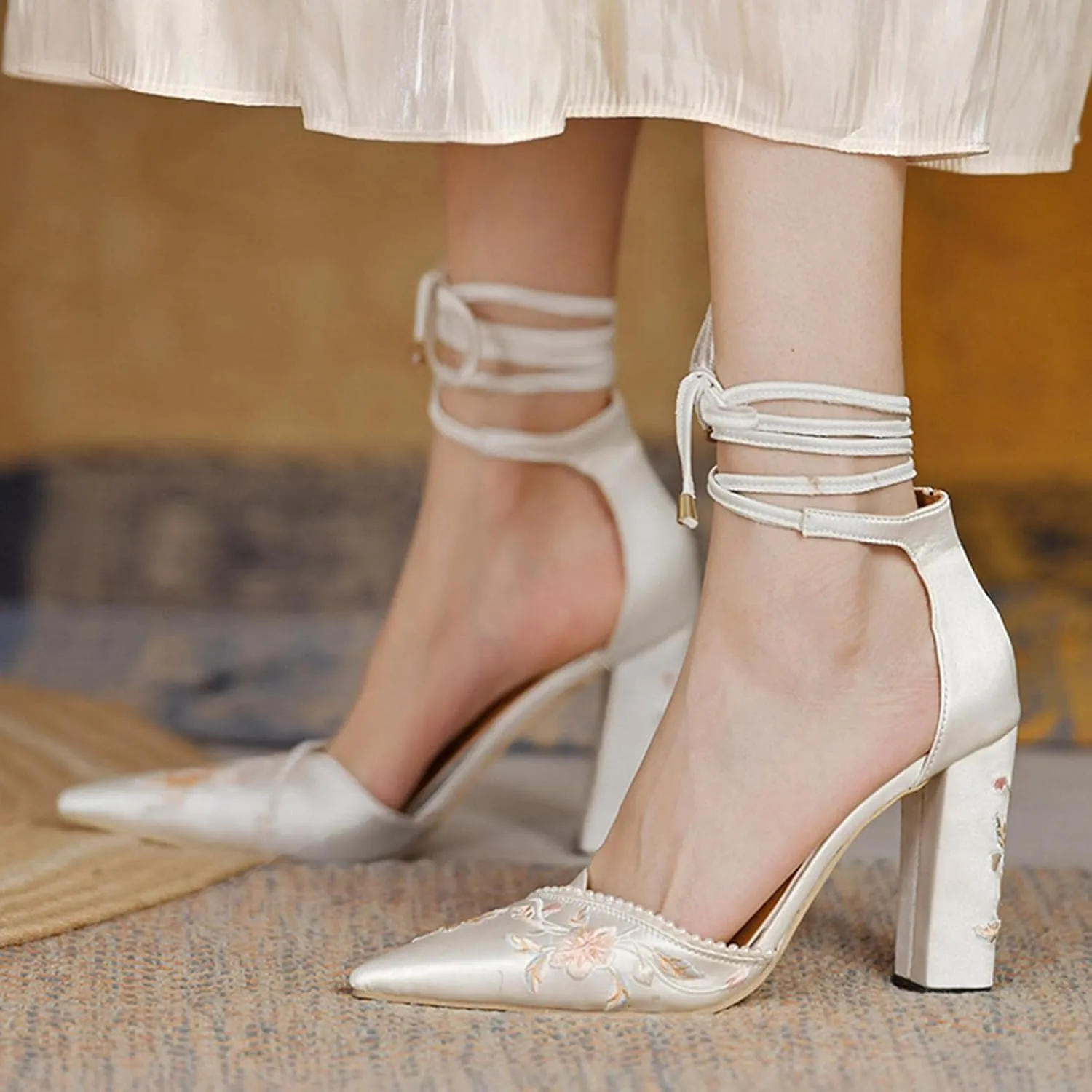 Hbeylia High Heels For Women Bride Wedding Day Satin Flower Embroidered Pearl Pointed Toe Lace Up Ballet Flats Chunky High Heeled Ankle Strap Dress Pump Shoes For Ladies Christmas Party Favor