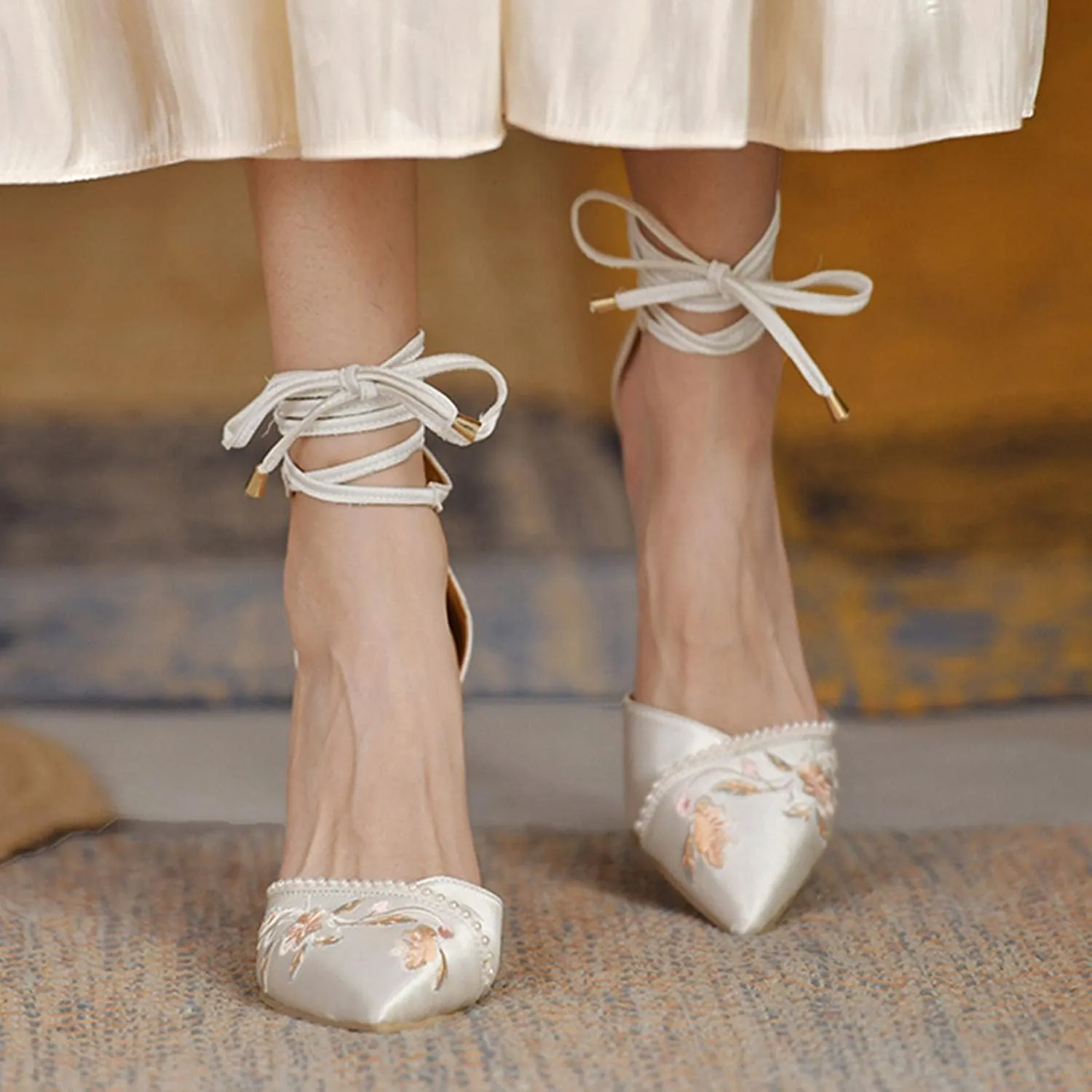 Hbeylia High Heels For Women Bride Wedding Day Satin Flower Embroidered Pearl Pointed Toe Lace Up Ballet Flats Chunky High Heeled Ankle Strap Dress Pump Shoes For Ladies Christmas Party Favor