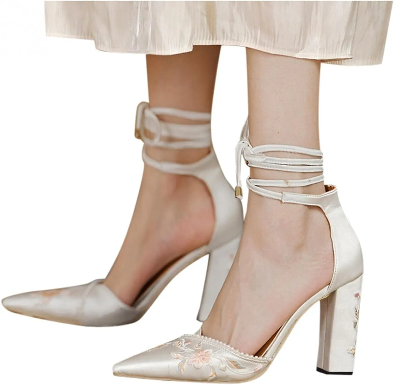Hbeylia High Heels For Women Bride Wedding Day Satin Flower Embroidered Pearl Pointed Toe Lace Up Ballet Flats Chunky High Heeled Ankle Strap Dress Pump Shoes For Ladies Christmas Party Favor